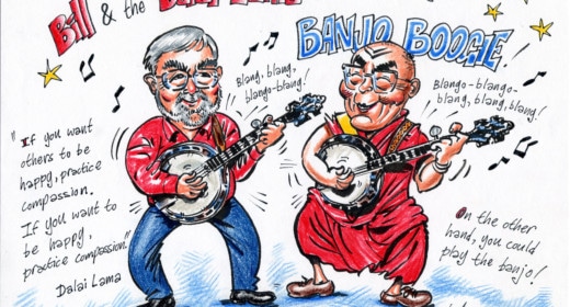Bill Gent playing imaginary banjo with the Dalai Lama